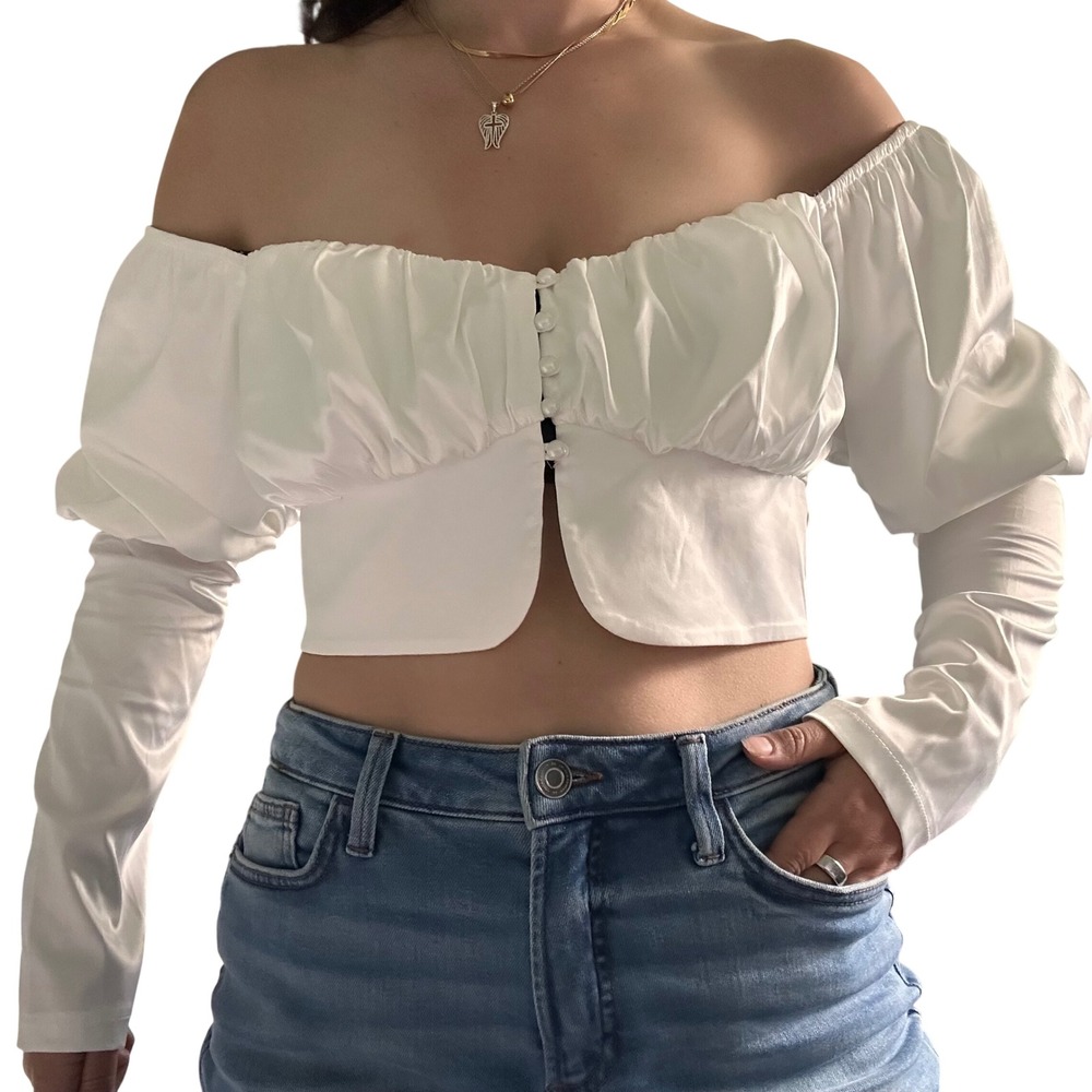 Fashion Nova White Long Sleeve Crop‎ Top Button Front Blouse Party Club